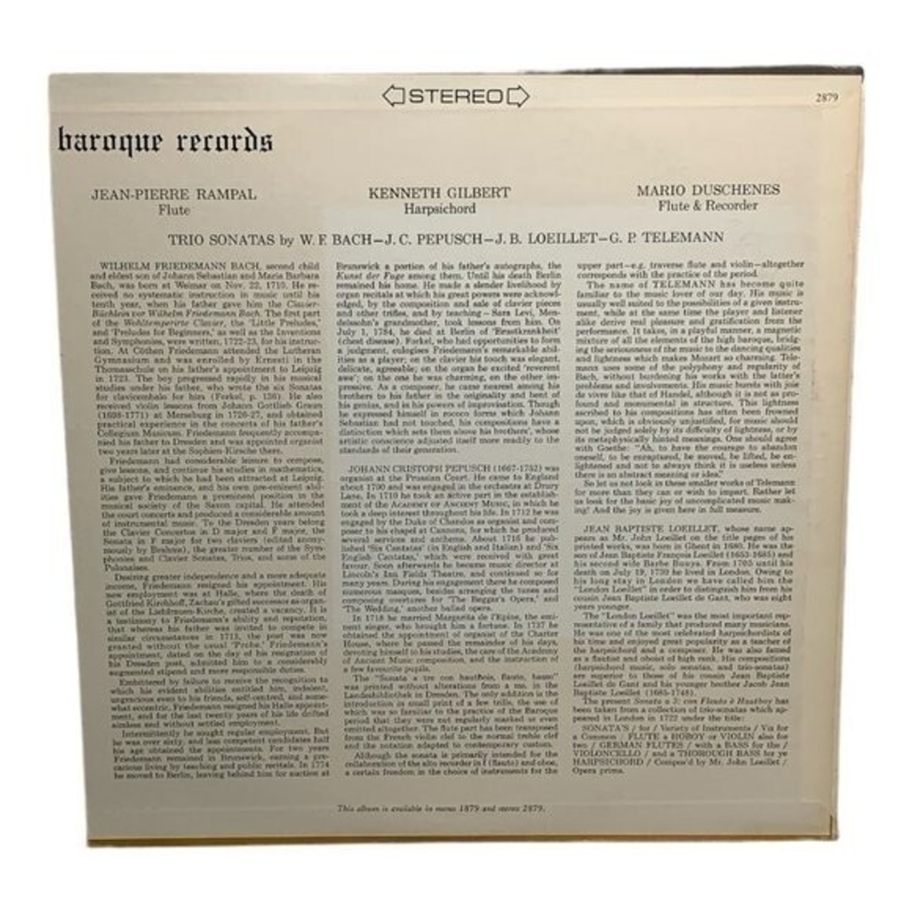 LP Jean-Pierre Rampal - Trio Sonatas By W. F. Bach Vinyl Record - Picture 2 of 2